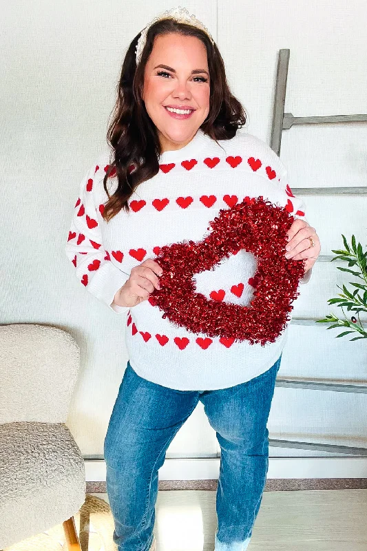 Be Mine White Jacquard Heart Stripe Pullover Sweater Bishop Sleeve Elegant