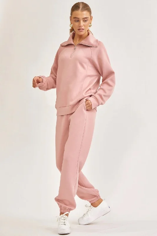 Mauve Quarter Zip Pullover and Jogger Set with Pockets Port Neck Pullover