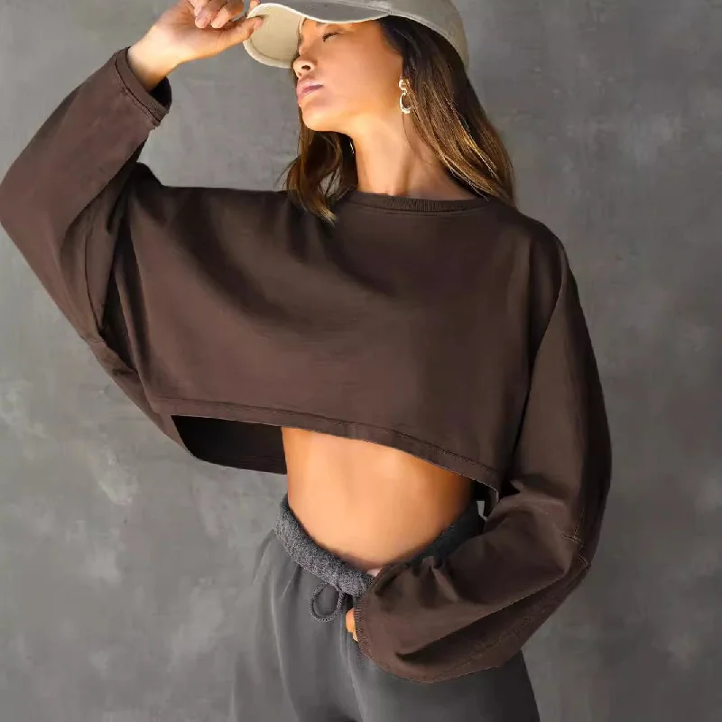 Women's Round Neck Distressed Sports Sweater – European & American Short Pullover Deep Neck Pullover Women's Round Neck Distressed Sports Sweater – European & American Short Pullover Deep Neck Pullover