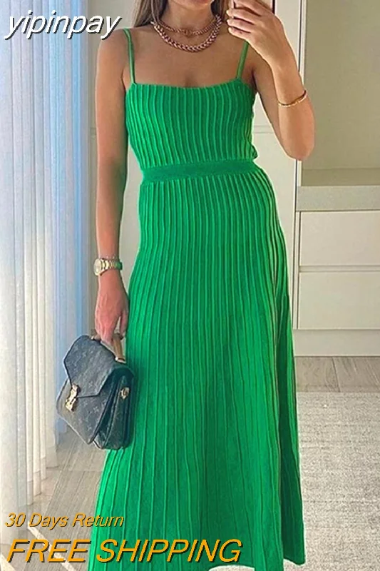 yipinpay Autumn 2023 Knitted Strap Blue Sweater Dress Maxi Backless Women Y2K Summer Sexy Club Long Pleated Dress Elegant Faux Fur Fabric Real Fur Fabric Shearling Fabric