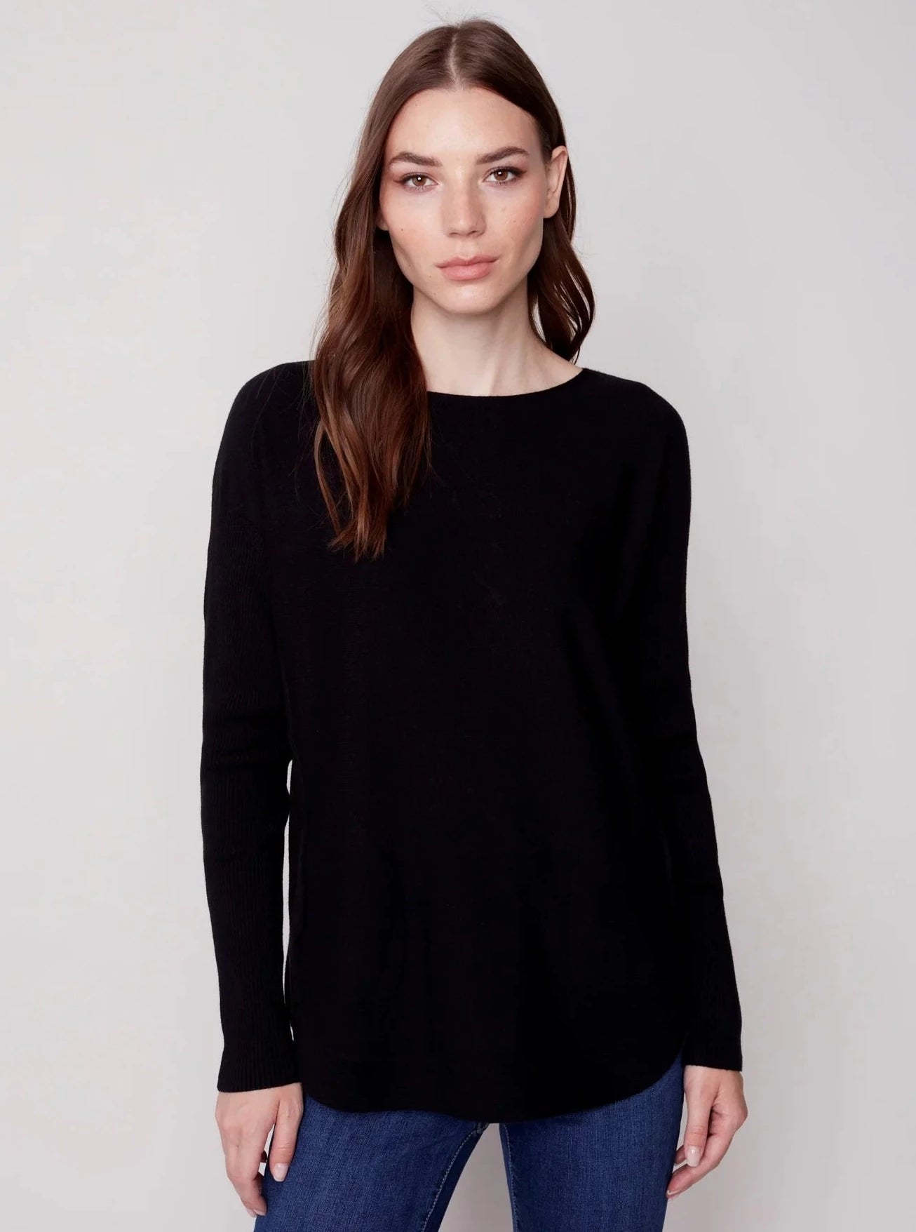 Long Sleeve Sweater With Black Eyelet Detail [Black-C2170Y] Fleece Sweater Nylon Polyester