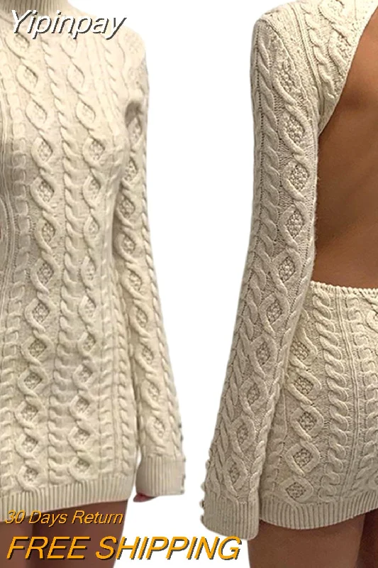 Yipinpay Knitted Sweater Dress Evening Party Fall Winter Clothes 2023 Vintage Sexy Bodycon Backless Long Sleeve Dress Night Club Stretchy Elastic Breathable Yipinpay Knitted Sweater Dress Evening Party Fall Winter Clothes 2023 Vintage Sexy Bodycon Backless Long Sleeve Dress Night Club Stretchy Elastic Breathable