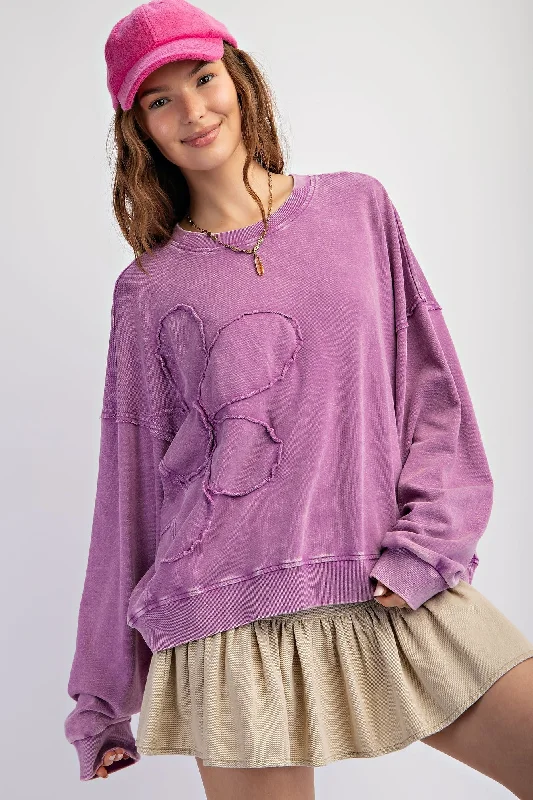 ORCHID FLOWER PATCH WASHED TERRY KNIT PULLOVER Chunky Knit Pullover