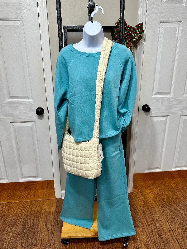 DUSTY TEAL FLEECE RAGLAN SLEEVE PULLOVER & SWEATPANTS SET Plunging Neck Pullover