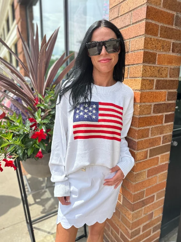American Flag Soft Knit Sweater [Ivory] Zippered Front Buttoned Front Snap Front