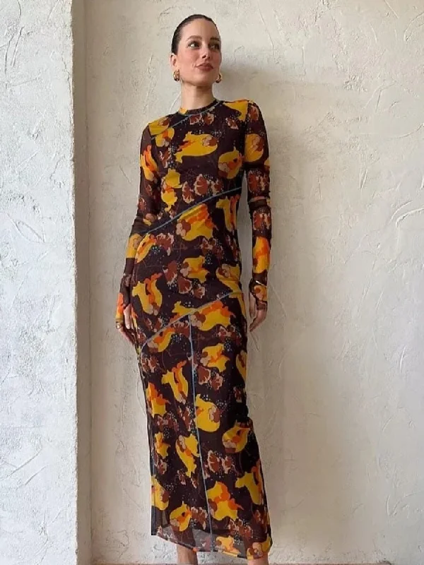 Yipinpay MO 2023 Fall Elegant Mesh Sheer Print O-Neck Longsleeve Women Midi Dress Femme Chic Side Split Slim Dress Pullover Robe Sarouel Sleeve Pullover