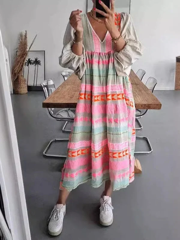 Blue Zone Planet |  pullover deep V-neck loose puff sleeve colorful dress dolman Sleeve Top
