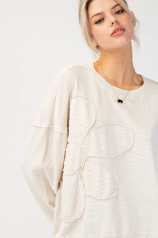 ECRU FLOWER PATCH WASHED TERRY KNIT PULLOVER Soft Wool Sweater