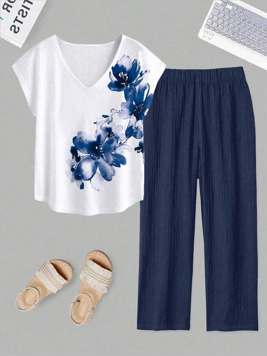 Lune Women's Two-Piece Of Floral Print Top And Solid Colored Trousers Sets Trousers Satin Smooth