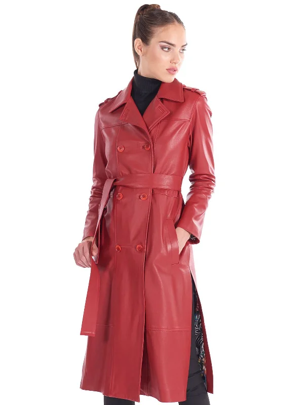 Womens Red Nappa Leather Long Coat