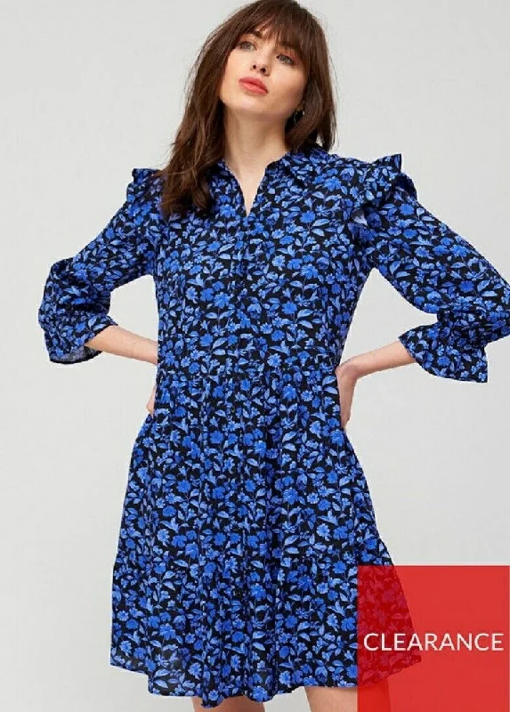 Button Through Shirt Dress Blue Floral UK 14 ****Ref V65