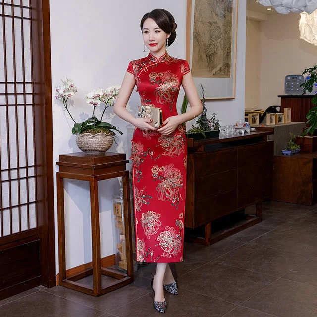 Cap Sleeve Silk Blend Traditional Cheongsam Retro Floral Day Dress