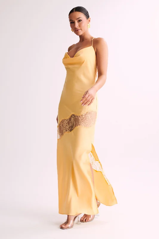 Chandra Lace Detail Satin Maxi Dress - Lemon