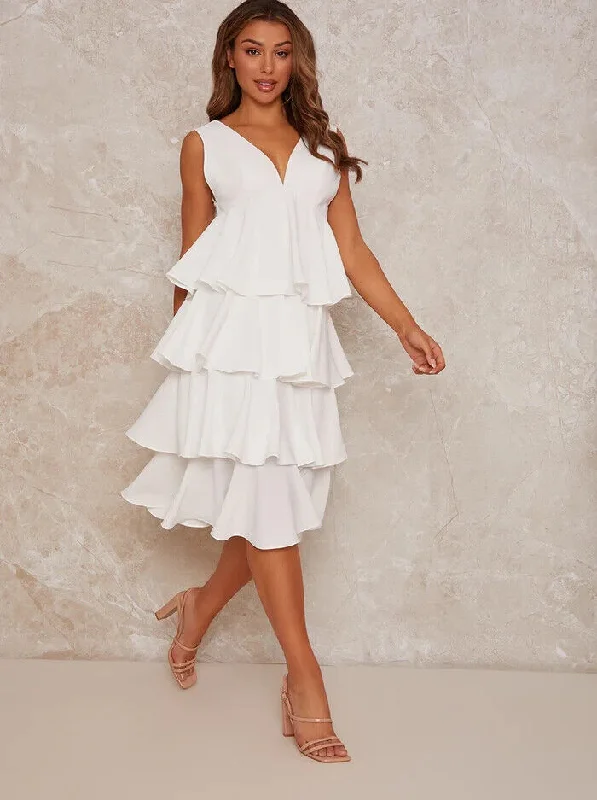 Chi Chi London Sleeveless Ruffle White Midi Dress Size 10 *** V272