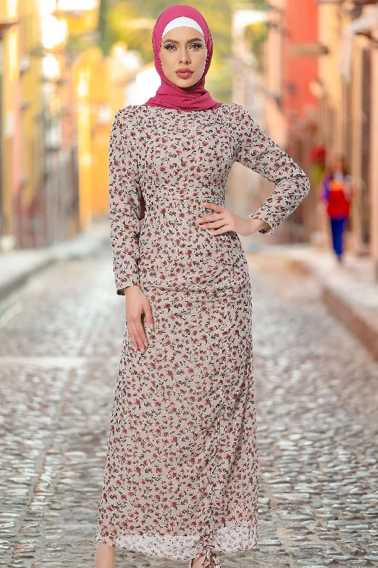 Taupe Rose Ruched Floral Long Sleeve Maxi Dress-CLEARANCE