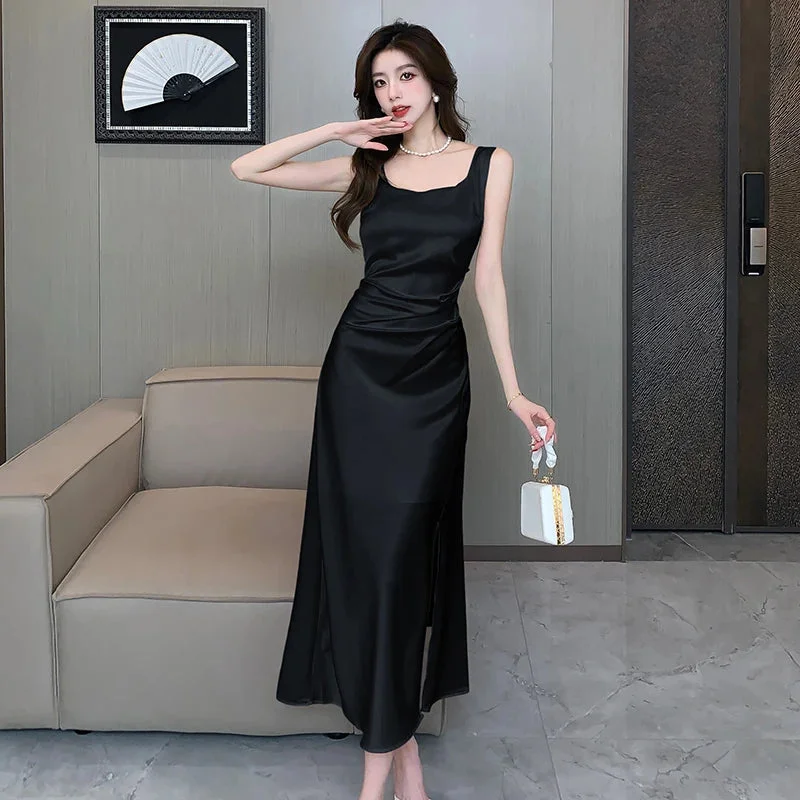 Lunivop Summer French Elegant and Stylish Square Collar Midi Party Dress For Women Sleeveless Black White Slim Vestidos Female Clothes