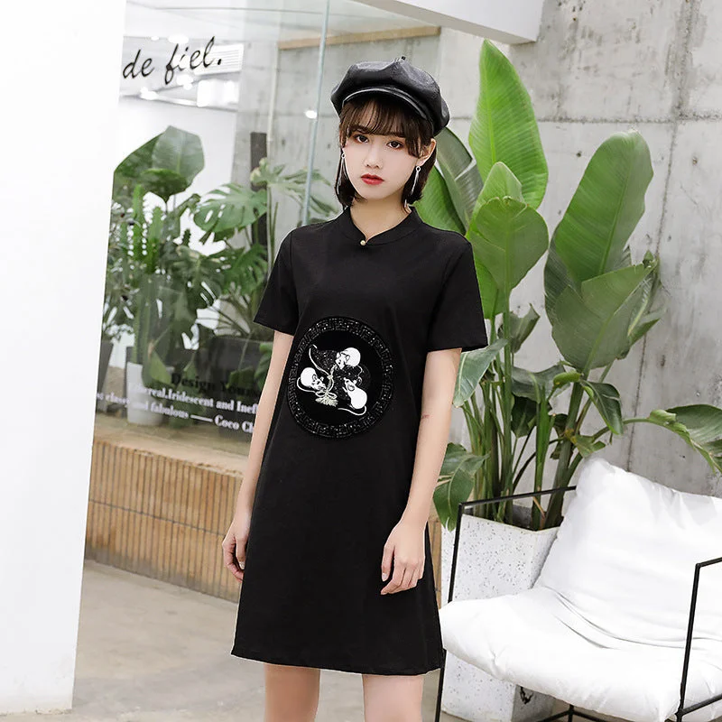 Mandarin Collar Mouse Appliques Chinese Style Casual Dress