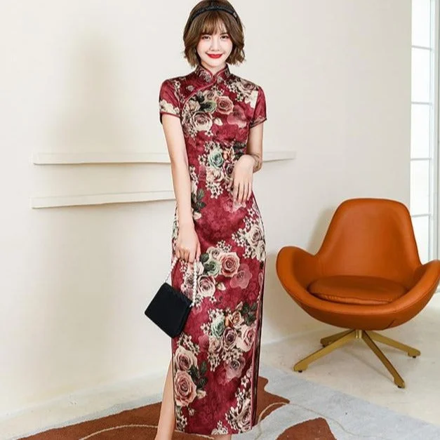 Traditional Cheongsam Full Length Floral Silk Chinese Dress