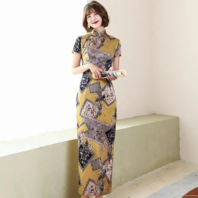 Traditional Cheongsam Full Length Floral Silk Chinese Dress