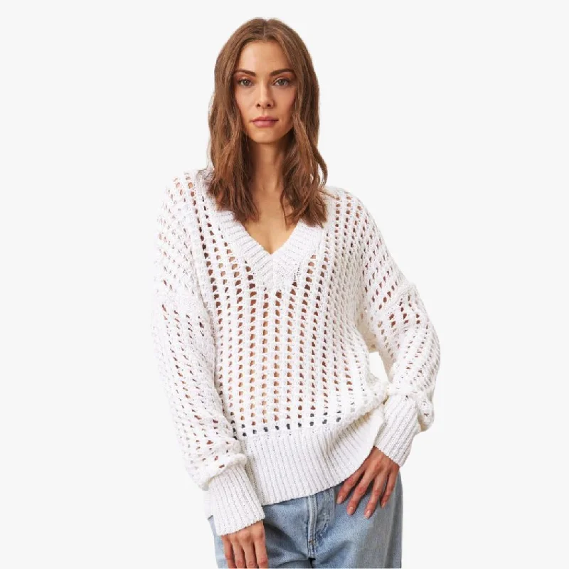 Addie Crochet Knit V-Neck Cotton Sweater (Coconut)