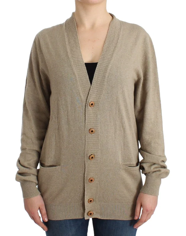 Beige Deep V-Neck Luxury Cardigan