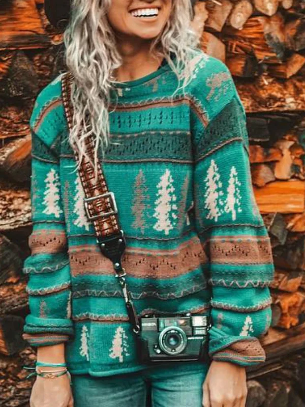 Loose Christmas Print Round Neck Sweater