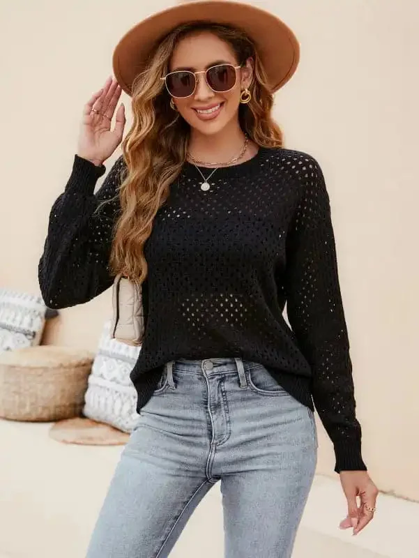 Solid Color Women’s Knit Cutout Pullover Crew Neck Sweater