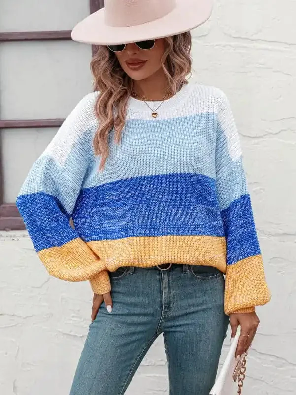 Women’s Color Block Crew Neck Knit Fashion Sweater