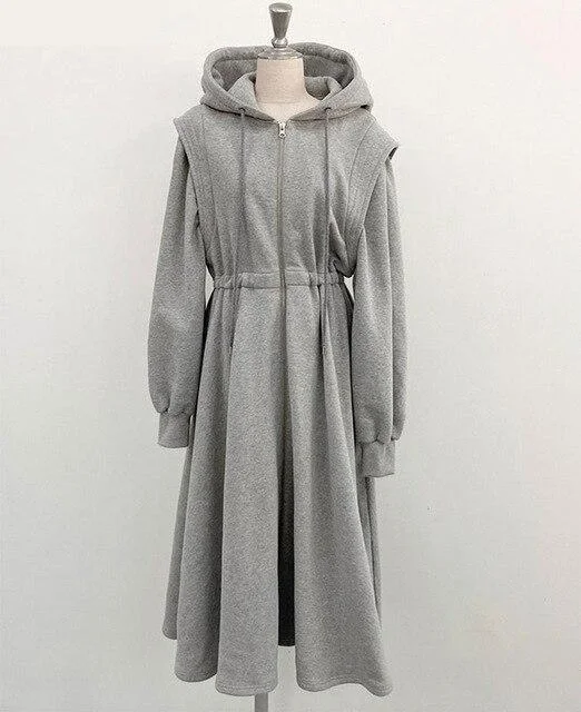 Women's Long Sleeves Zippers Elastic Waist Hooded Sweatshirt Sweater Dress