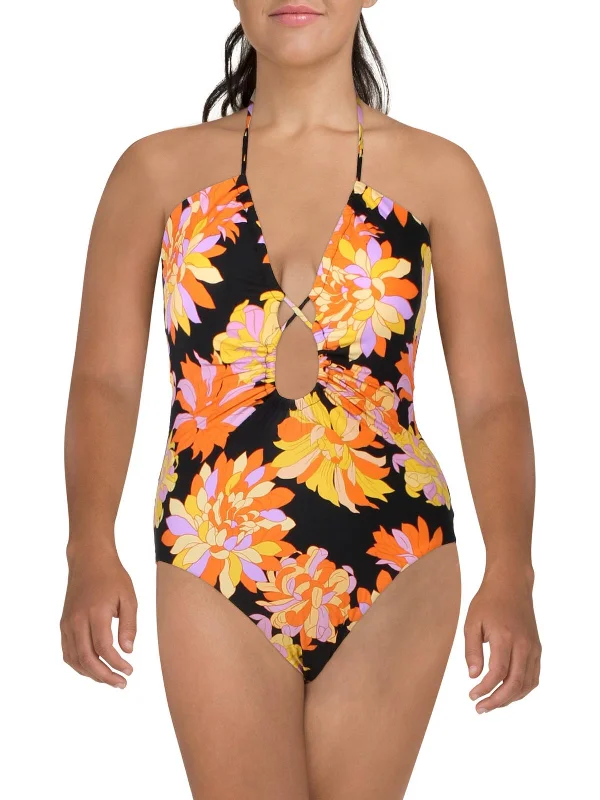 Womens Floral Print Nylon One-Piece Swimsuit