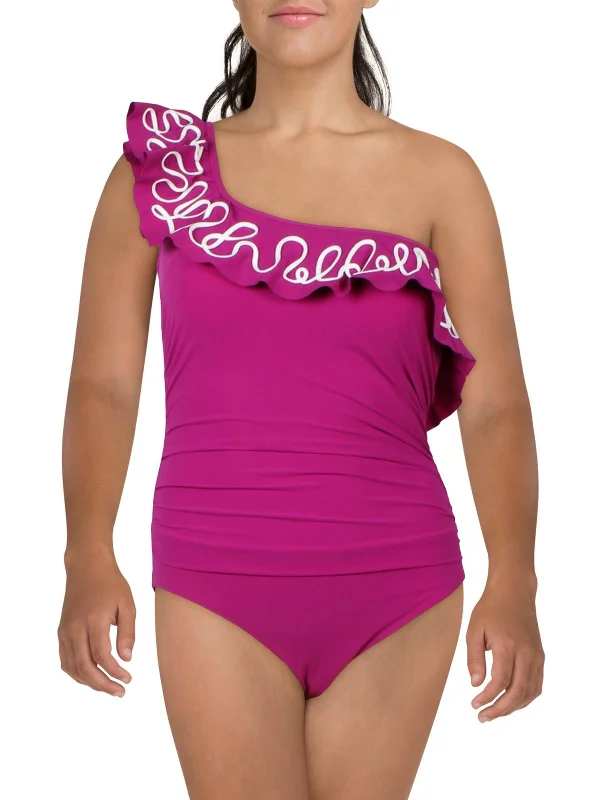 Womens Ruffled Polyester One-Piece Swimsuit