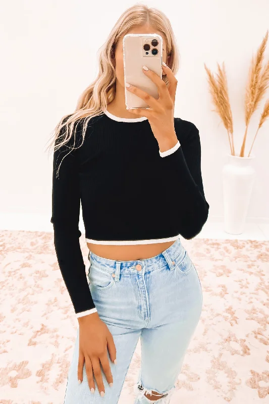 Charis Ribbed Crop Long Sleeve Contrast Knit Top