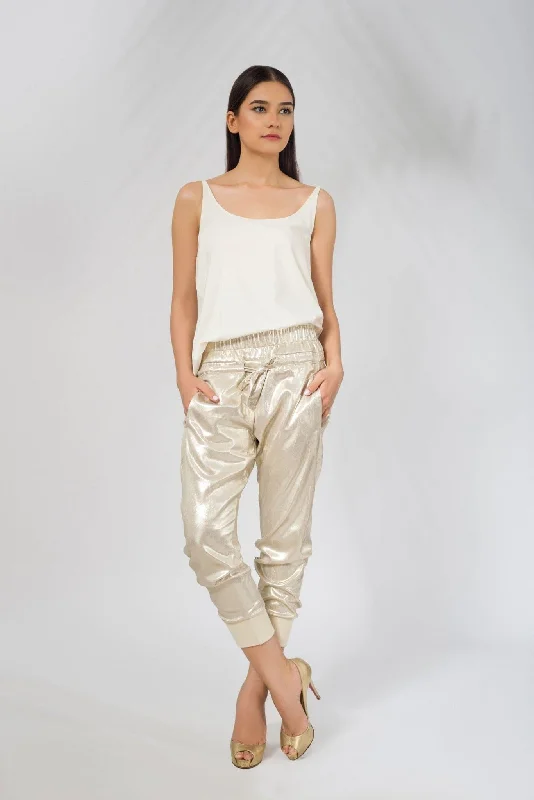 Drawstring Pant in Wrinkled Gold Lame