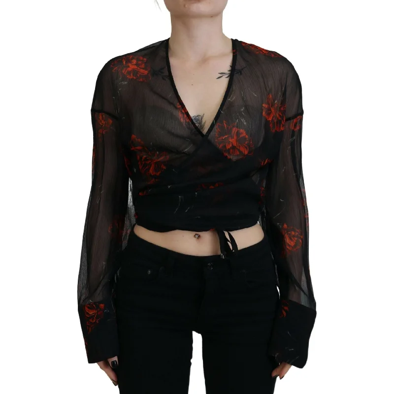 Dsquared² Black Floral Print Cropped Wrap Long Sleeves Top