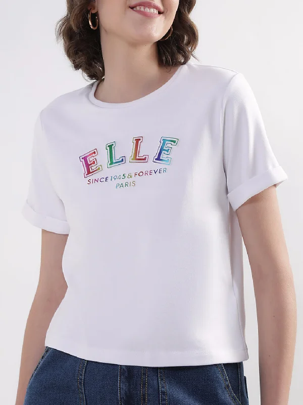 Elle Women White Solid Round Neck TShirt