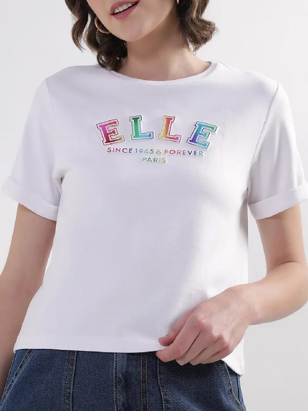 Elle Women White Solid Round Neck TShirt