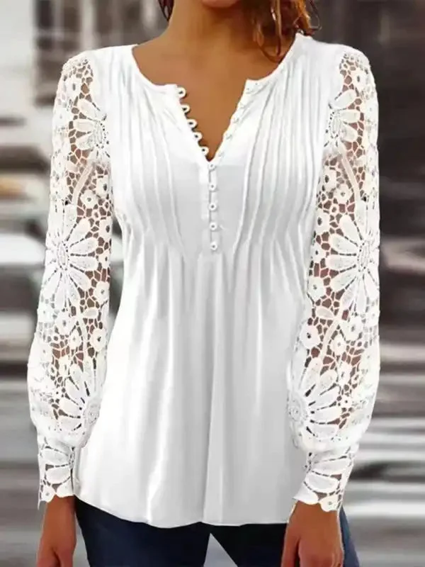 Fashion Women’s Lace Sleeves Pleated Solid Color Button T-shirt Bottoming Shirt