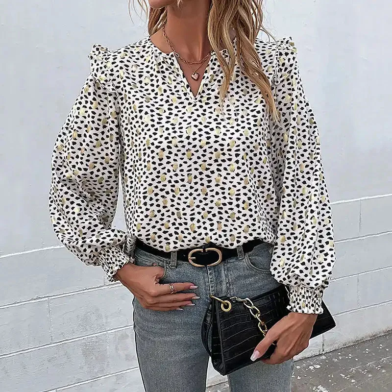 Long-sleeved polka-dot bronzing ruffle shirt