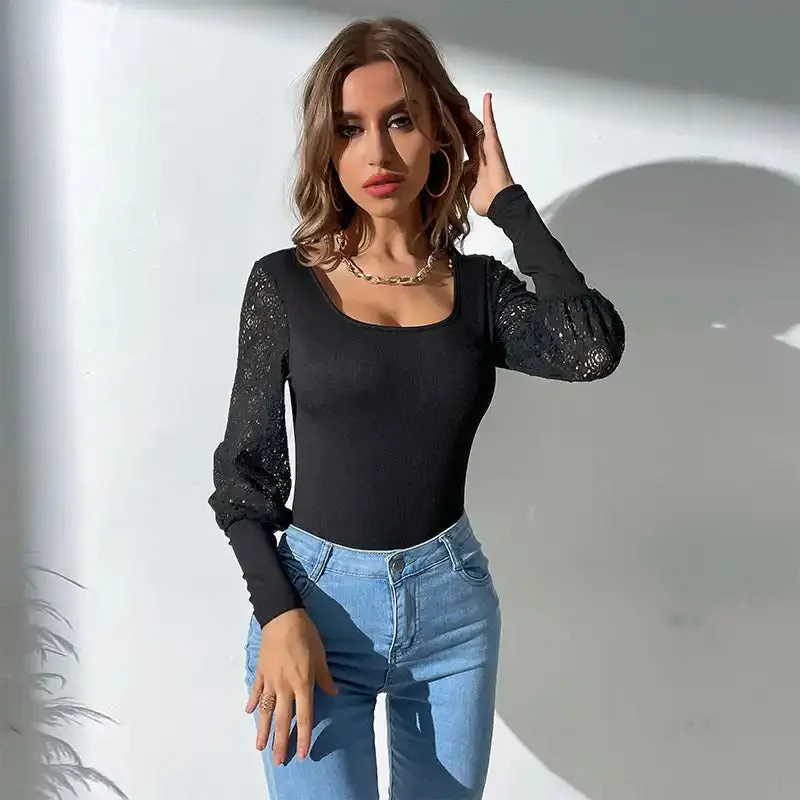 New black lace stitching long-sleeved bodysuit