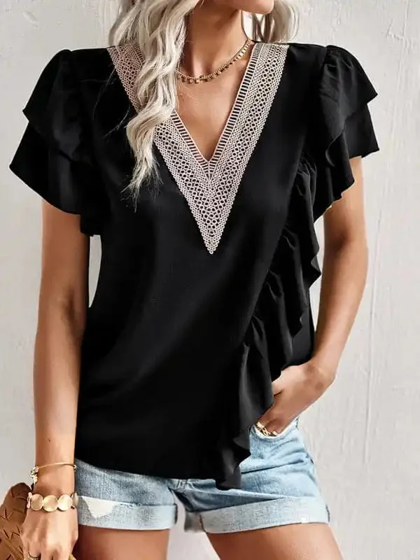 Women’s V-neck Lace Trim Flutter Sleeve Ruffle Blouse