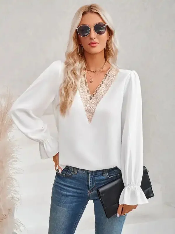 Women’s casual solid color v-neck lace ruffle sleeve loose top