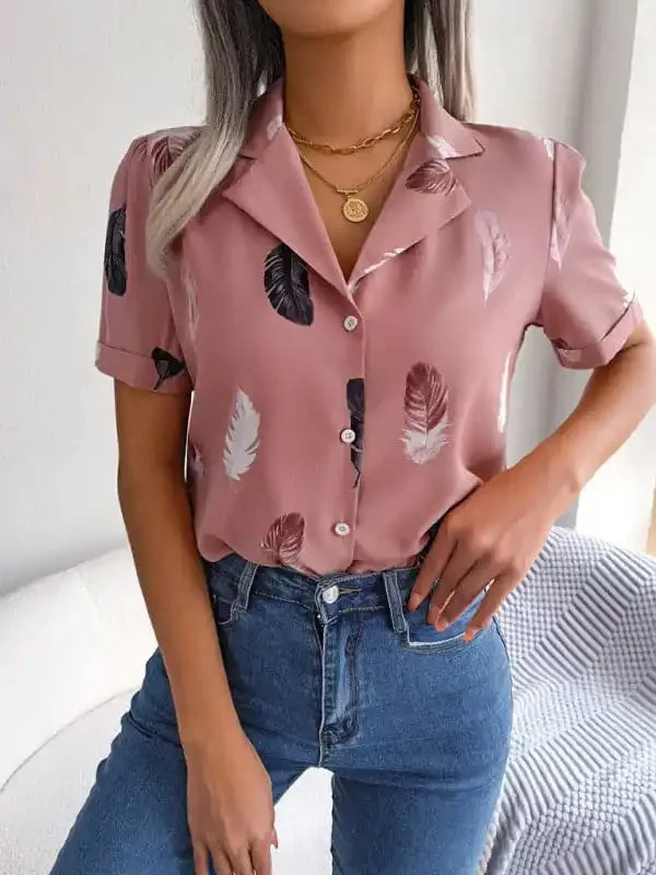 Women’s Elegant Feather Print Loose Short Sleeve Shirt