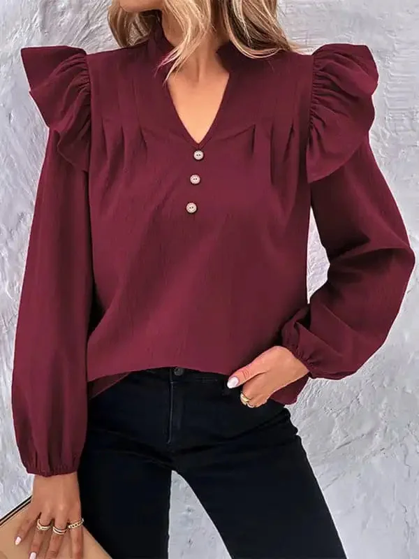 Women’s New Red V-neck Long Sleeve Solid Color Shirt Top