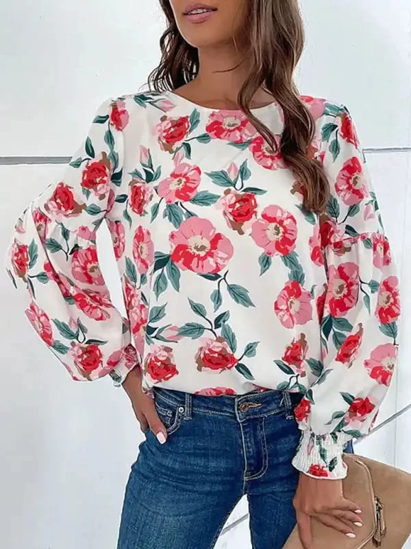 Women’s New Round Neck Long Sleeve Floral Shirt Top