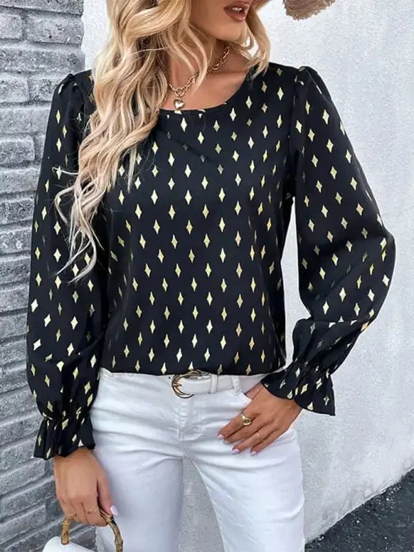 Women’s polka dot black bronzing shirt with long sleeves