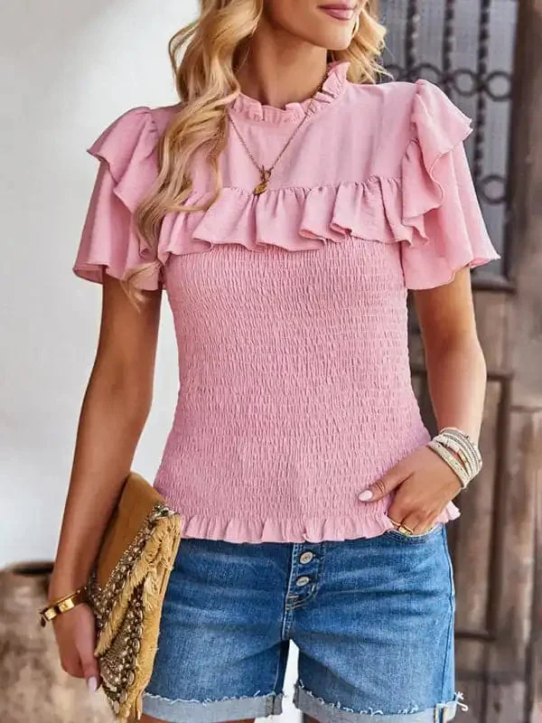 Women’s solid color temperament elegant ruffled short-sleeved shirt