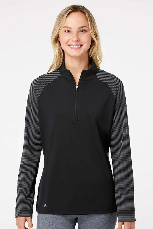 Adidas Womens Stripe Block Moisture Wicking 1/4 Zip Sweatshirt - Black - NEW