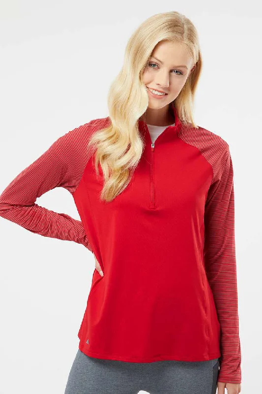 Adidas Womens Stripe Block Moisture Wicking 1/4 Zip Sweatshirt - Team Power Red - NEW