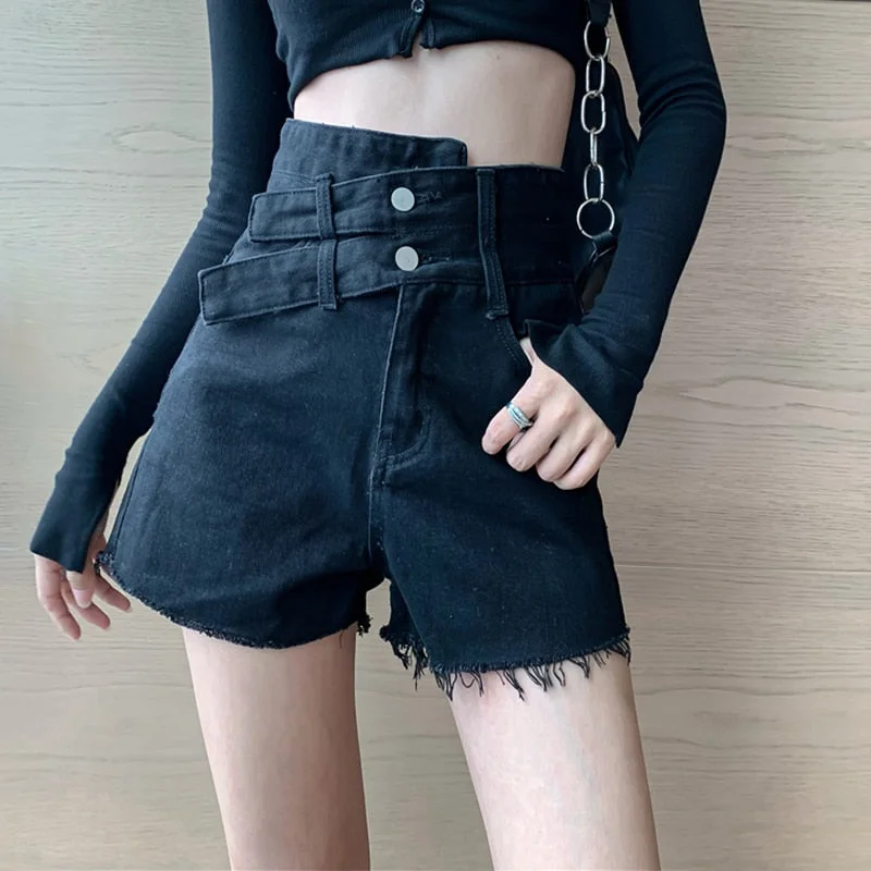 Double Buckle High Waist Denim Shorts