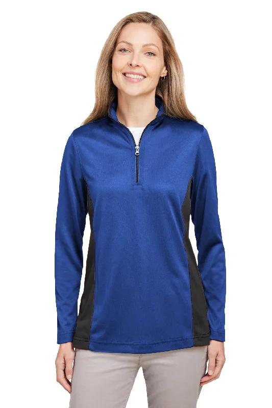 Harriton Womens Flash Performance Moisture Wicking Colorblock 1/4 Zip Sweatshirt - True Royal Blue/Black